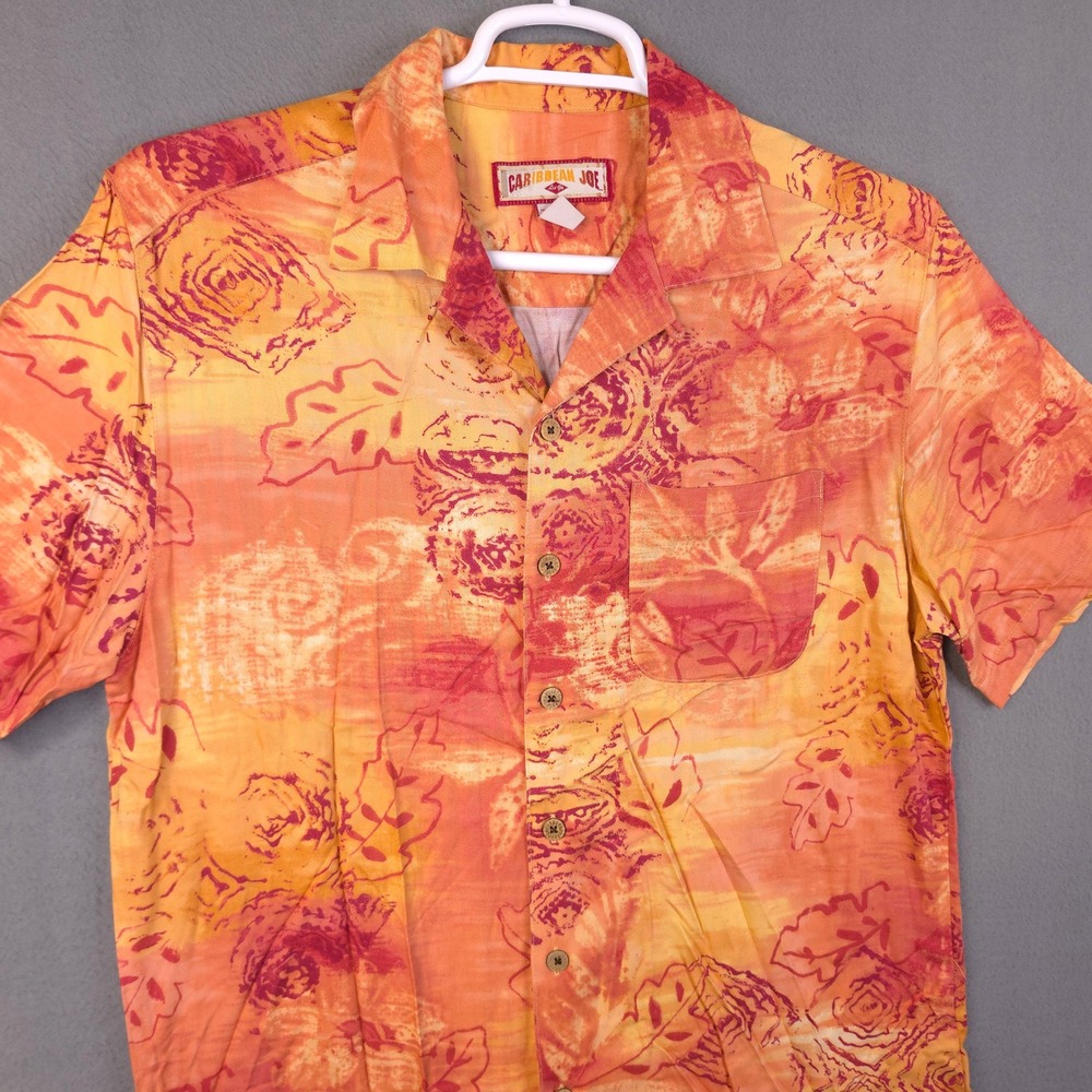 Caribbean Joe Shirt Loop Collar Floral Abstract Orange Rayon Small Short Sleeve